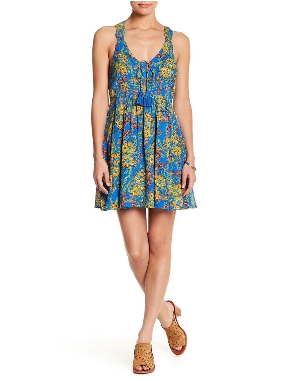 NWT Free People Blue Abstract Floral Crinkled Boho Halter Mini Dress Size S